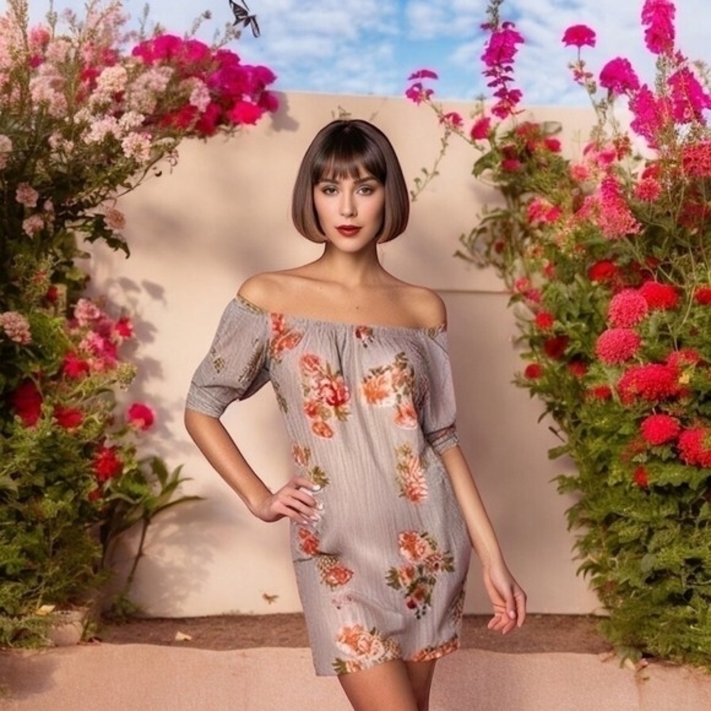 Speed Control NY Women's Off Shoulder Floral Stripe Mini Dress S Knot Sleeve EXC